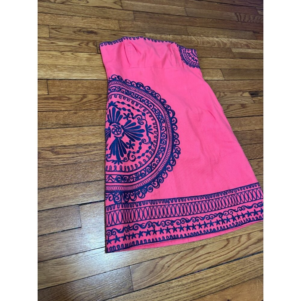 Lily Pulitzer Womens Strapless Shift Dress Size 6 Pink w/ Blue Embroidery Cotton - Picture 2 of 6